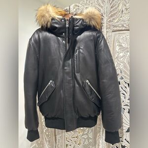 Mackage Black Leather Puffer Jacket with Fur Hood
